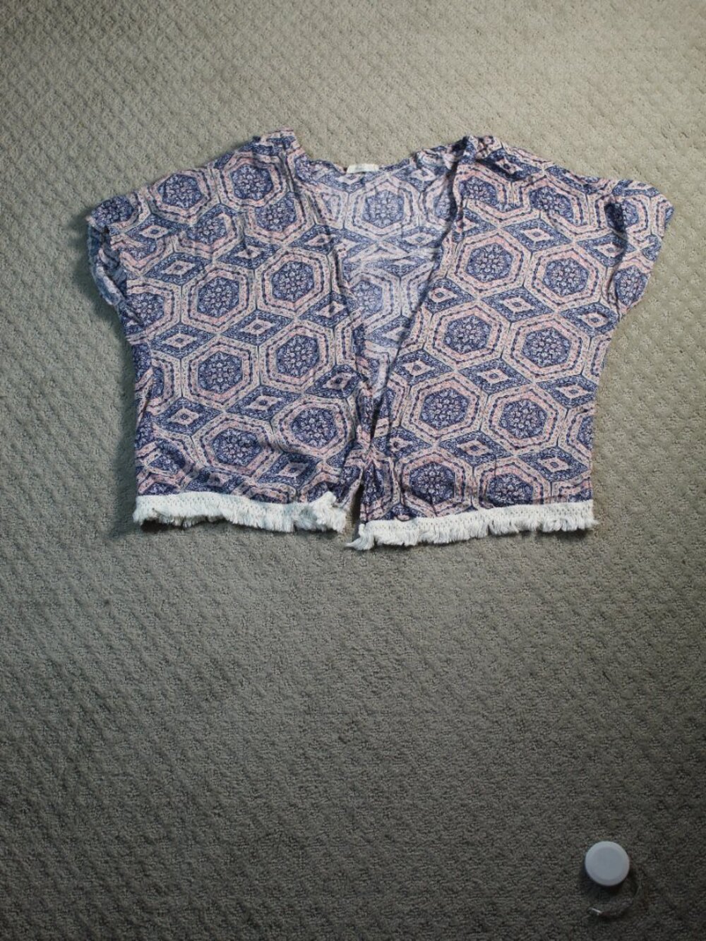 Hem & Thread Sz S/M Rayon Blue Peach w Fringe Trimmed SS Open Front Cardigan